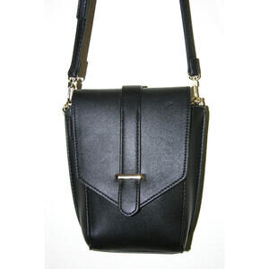 Neiman Marcus Faux Leather Black Flap Crossbody Purse Bag with Gold Chain